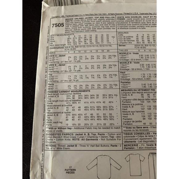 McCall's Misses Coat Shirt Pant Sewing Pattern Sz 6 - 10 M7505 - Uncut - Picture 6 of 9